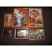 Картины из янтаря 3 шт.(вторая слева,в центре,верхний ряд продана) и три металлографики.С рубля.