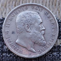 Германия 3 марки 1909 года, F. Вильгельм II Вюртембергский. Серебро! Сторгуй за свою цену, предложи обмен! Y