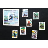 Танзания 1991 г. Динозавры. Доисторические животные. Фауна, полная серия из 7 марок + Блок #0219-Ф1P42