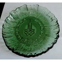 Ваза из зелёного стекла "Олимпиада 1980г." СССР (Неман). Диаметр 23 см. Редкая!