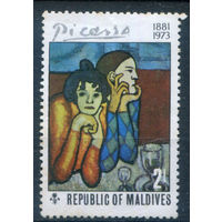 Мальдивы - 1974г. - картины Пикассо, 2 L - 1 марка - MLH с жёлтыми пятнами на клее, есть небольшое повреждение марки сверху [Mi 507]. #3-WB-72-KS-1