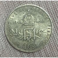 Монета 1 крона 1908 год. Австро-Венгрия. 60-летия правления австрийского императора Франца Иосифа I