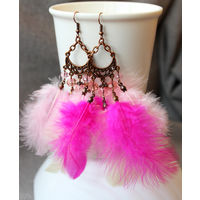 Серьги медные с чешским стеклом и перьями розовые. С 1 рубля, без МЦ