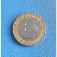 Доминиканская Республика 5 песо 1997 год 50 лет Центральному Банку 1947-1997 биметалл