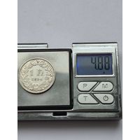 1 франк Швейцария 1894 года, Швейцарская конфедерация (1917 - 1967). Серебро 835 пробы. L45555.