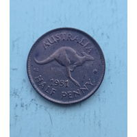 Австралия 1/2 пенни 1951 год кенгуру король Георг VI без надписи IND: IMP: