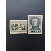 Польша 1947 Две марки из серии "Польская культура" (чистые* с наклейками) Mi.458В,462В каталог 7.00 евро