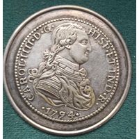 Односторонняя серебряная, предположительно накладка на шкатулку или т.п. по типу монеты достоинством 8 реалов 1794 года, отчеканенная в период правления испанского короля Карла IV.