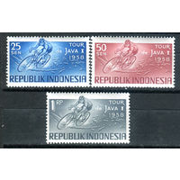 Индонезия - 1958г. - велоспорт - 3 марки - полная серия, MNH, жёлтый клей, одна марка с незначительный повреждением клея [Mi 229-231]. #4-W2-Z-1-9