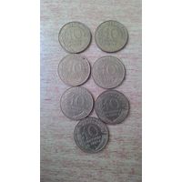 Франция, сборный лот 10 сантимов 1971, 1975, 1977, 1985, 1987, 1988, 1997 годов.