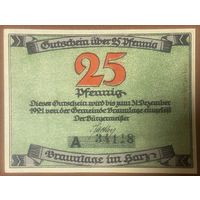 Нотгельд , 25 пфеннигов, Браунлаге , 1921 год. Веймарская республика