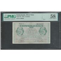 Нидерланды 5 гульденов 1944 года. Тип Р-63. Состояние aUNC. В слабе PMG 58