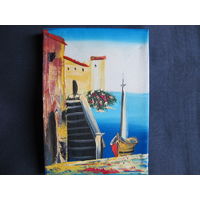 Миникартина, 13х18 см, ручная роспись маслом по льняной ткани (Германия)