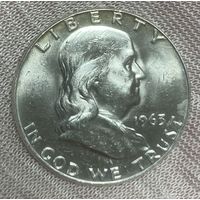 Монета 1/2 доллара США 1963 год. Бен Франклин. Колокол Свободы.