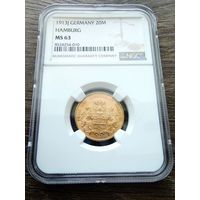 20 марок Гамбург 1913г. NGC MS-63 !!!