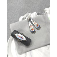 Серьги и кольцо скань, цветочная финифть, винтаж, СССР, мельхиор