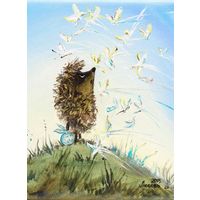 Открытка. Фауна. Животные. Ёжик в тумане и бабочки. Ёж. Мультфильм. (чистая)