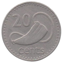 Фиджи ( Королевство Содружества Наций, Острова Фиджи ). 20 центов 1979. Табуа (зуб кашалота).