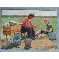1955. соцреализм. Перед обедом. На целине в Казахстане