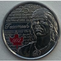 Канада 25 центов 2012 г. Война 1812 года. Вождь Шайенов Текумсе. Цветная