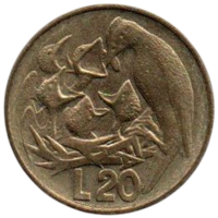 РЕСПУБЛИКА САН МАРИНО 20 ЛИР 1975. ЛЮБОВЬ У ЖИВОТНЫХ. ФАУНА. ДЯТЕЛ С ПТЕНЦАМИ