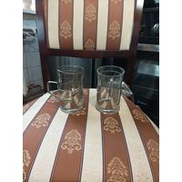 Пара подстаканников со стаканами. СССР нержавеющая сталь