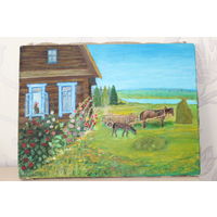 Картина , " Деревенский двор", холст на подрамнике. масло.2018 год.Р. 38.0 х28.0 см.