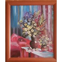 Натюрморт кувшины цветы. Картина маслом. Масло , лист двп. 50*60 см , рама 60*70см