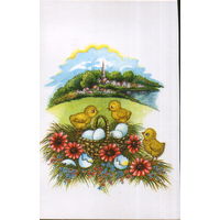 Чистая двойная открытка Латвия  "Пасха. Цыплята" худ. Рамона Шнайдере