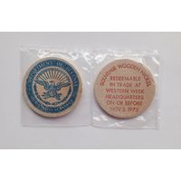 США. 2 жетона Wooden Nickel (Деревянный пятицентовик). В одной запайке. Диаметр каждого 3,8 см.