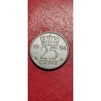 Нидерланды. 25 центов 1954 ГОД.