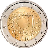 2 евро 2015 Литва 30 лет флагу ЕС UNC из ролла