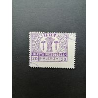 Польша 1918 Марка из серии "Przedborz" выпуск 27.03.1918 перфорация 11 1/2 "Виды и гербы города в лучах солнца: RADA MIEJSKA" (гашение с наклейкой) Mi.14В каталог 25.00 евро