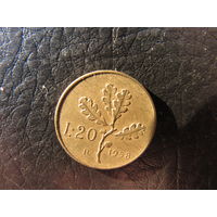 Италия. 20 лир. 1958. С 20 копеек. Распродажа коллекции. Смотрите другие лоты.