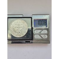 20 эскудо 1966 года. Португалия, Португальская Республика (1910 - 1969), открытие моста Антониу Салазара). Серебро 650. Монета не чищена. L45466.