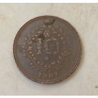 Монета Азорские острова 10 рейс 1901 Карлос I Бронза