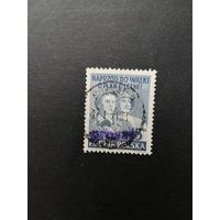 Польша 1950 Марка с надпечаткой "GROSZY" на марке 1950 года Mi.562 "Шестилетний план развития" (гашение без клея след наклейки) Mi.665 каталог 3.00 евро
