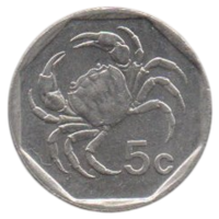 Республика Мальта. 5 центов 1998, 2001. АU. Фауна. Мальтийский пресноводный краб. Цена за одну монету.