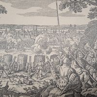 Осада города Аугебурга... Энциклопедическая гравюра СПБ. 19-20века 19х20см.