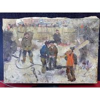 С рубля без мц. картина "Рабочие", 42х29см. х.м.