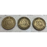 ФРГ 10 пфеннигов: 1950 J, 1985 J, 1994 F