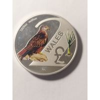 Великобритания 2 фунта стерлингов "Milvus milvus" посеребреные с частичной окраской вес 32 гр.