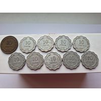 10 прут Израиль 1949-1952 годов. Лот состоит из 10-ти монет. Монеты не чищены. 1421