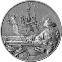 Барбадос 5 долларов 2023г. "Месть королевы Анны. Капитаны удачи. Корабль". Монета в подарочном футляре; сертификат; коробка. СЕРЕБРО 62,20гр.(2 oz).
