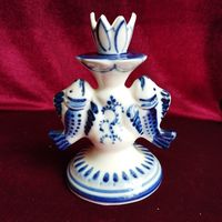 Подсвечник фарфоровый Рыбки, высота 13.5 см. Гжель