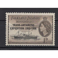 Фолкленды /Falkland Islands 1956** 1d Корабль надпечатка Транс-антарктическая экспедиция Mi#34