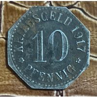 Монета 10 пфеннигов 1917 год. Висбаден. Веймарская республика.
