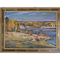 Катков С.П "Осень над водой", 1960 г. Холст, масло на картоне. Размер 50х70 см.
