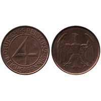 ГЕРМАНСКОЕ ГОСУДАРСТВО (ВЕЙМАРСКАЯ РЕСПУБЛИКА). 4 РЕЙХСПФЕННИГА 1932 А. НЕЧАСТАЯ