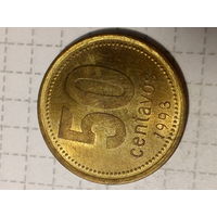 50 сентаво Аргентина 1993 год. тонкий шрифт.
